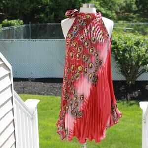 Women's Sleeveless Halter Trapeze Dress 100% Silk Pleated Size OS